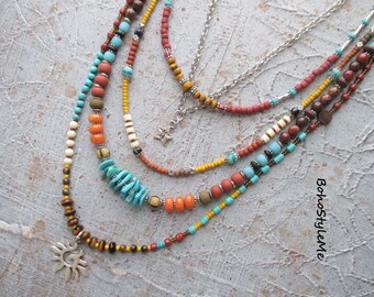 Boho Style Me Santa Fe Beaded Necklace, BohoStyleMe, Native Rustic Tribal Necklace Multi-Layer Necklace, Colorful Eclectic Pendant Necklace