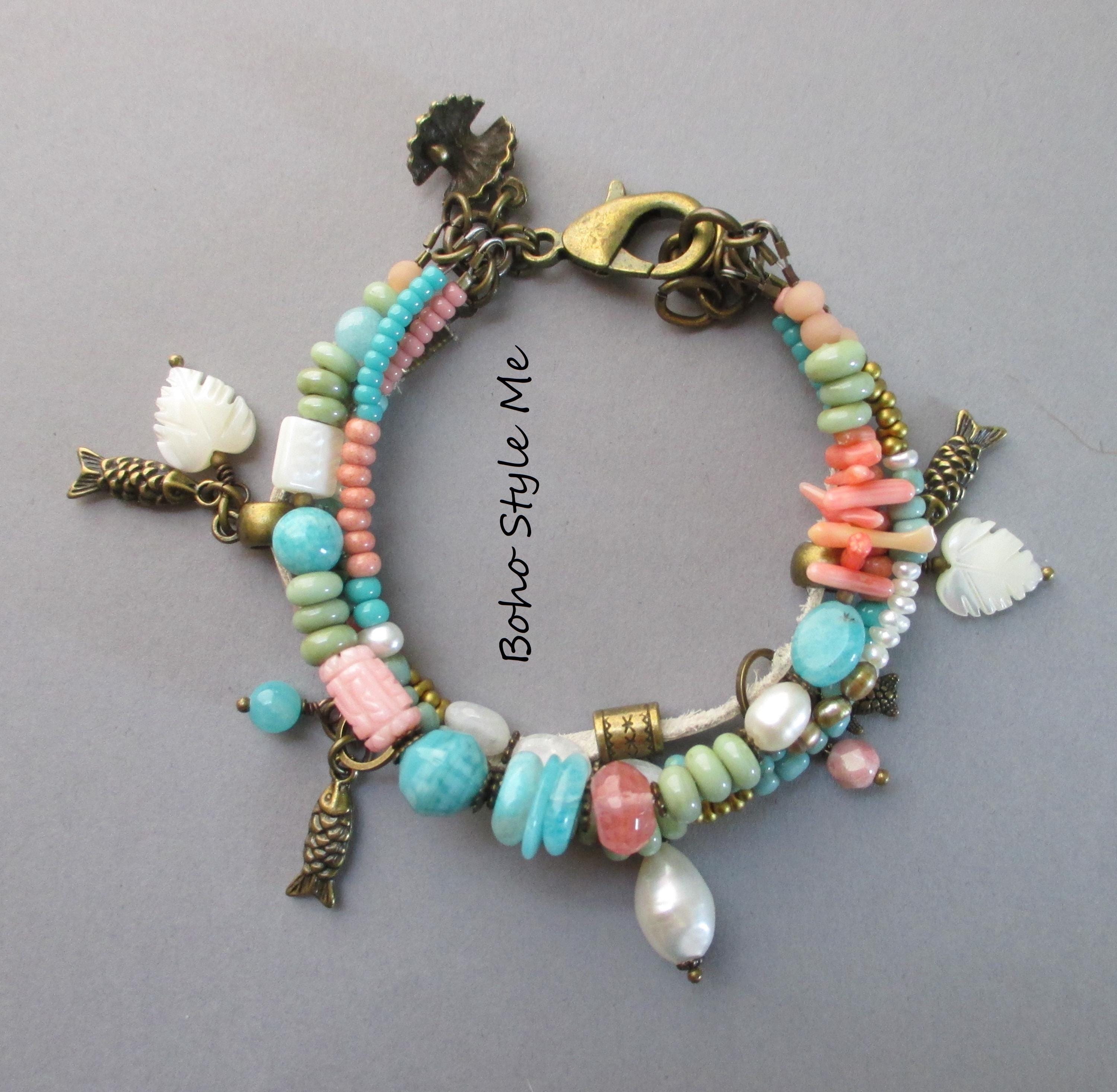 Ocean Breeze Aqua and Coral Layer Bracelet, Boho Style Me, Artisan Bead Bracelet, Unique Creative Handmade Ocean Lover’s Bracelet