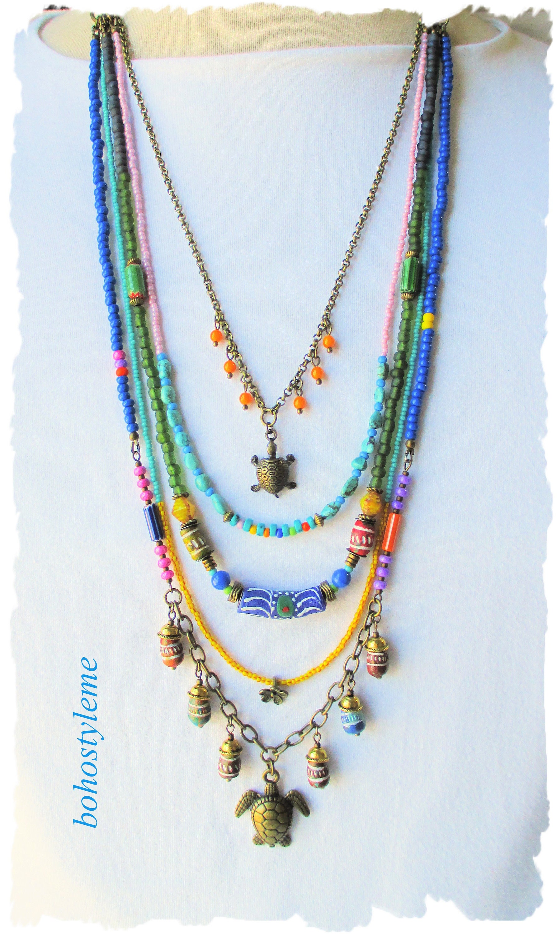 Bohemian Jewelry, bohostyleme, Boho Colorful Sea Turtle Necklace