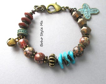Chunky Leopard Jasper Beaded Bracelet: Rustic Santa Fe Style Jewelry, Boho Style Me