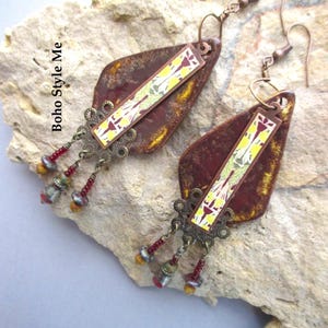 Ceramic Pendulum Earrings, Crimson Bronze Artisan Jewelry, Long Boho Statement Dangles, Pottery Jewelry, Gift for Her