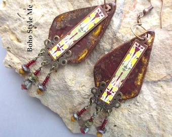 Ceramic Pendulum Earrings, Crimson Bronze Artisan Jewelry, Long Boho Statement Dangles, Pottery Jewelry, Gift for Her