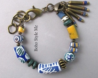 Authentic Ghana Hand Painted Krobo Bead Bracelet, Vintage African Trade Beads, Boho Style Me