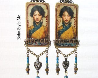 Handcrafted Warrior Queen Fine Art Portrait Earrings, Lightweight Statement Dangle Earrings