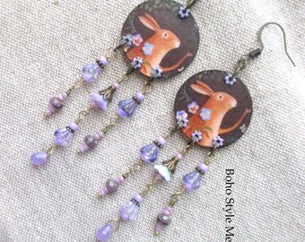 Whimsical Woodland Bunny Earrings | Handcrafted Folk Art Statement Dangles in Lavender | Gift For Bunny Lover