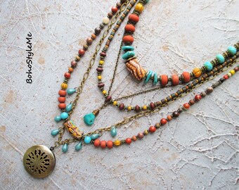 Boho Style Me, Colorful Santa Fe Style Necklace, BohoStyleMe, Rustic Boho Western Beaded Necklace, Locket Pendant Necklace