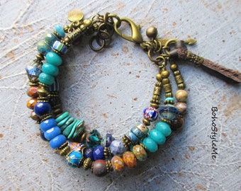 Turquoise Gemstone Beaded Bracelet,  BohoStyleMe, Handmade Modern Hippie Jewelry, Blue Boho Rustic Western Fashion Jewelry