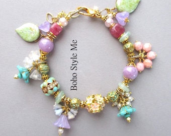 Artisan Spring Wedding Flower Bracelet, Unique Original Handmade Gold Bracelet with Vintage Enamel Beads
