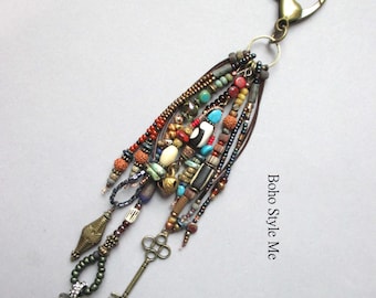 Handmade Boho Tassel Purse Charm: Found Objects & Leather Beaded Keychain, Boho Style Me