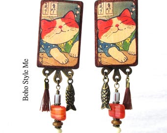 Handcrafted Whimsical Happy Cat Japan Portrait Earrings, Lightweight Statement Dangle Earrings