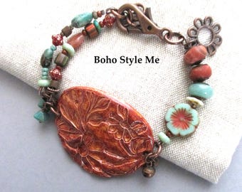 Ceramic Pottery Cuff Beaded Bracelet | Handmade Earthy Gemstone Chrysoprase Aventurine | Rustic Floral Copper Jewelry Gift For Her