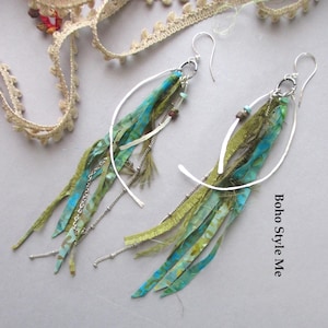 Pendientes Boho Festival de Fibra, Cadena, Turquesa, Estilo Libre Plata Martillada