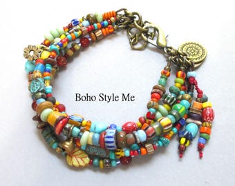 Wild and Free, Colorful Beaded Artisan Bracelet with Turquoise, Original Design, Boho Style Me