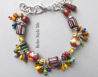 Handmade Colorful Beaded Charm Bracelet Artisan Unique Eclectic Statement Jewelry, Boho Style Me