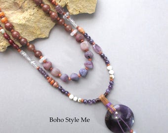 Purple Desert, Handmade Earthy Multi Gemstone Pendant Necklace, Amethyst and Crystal, Unique OOAK