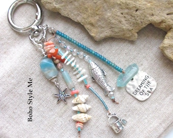 Beach Boho Purse Charm Keychain with Amazonite, Coral & Crystal – Tassel Bag Clip