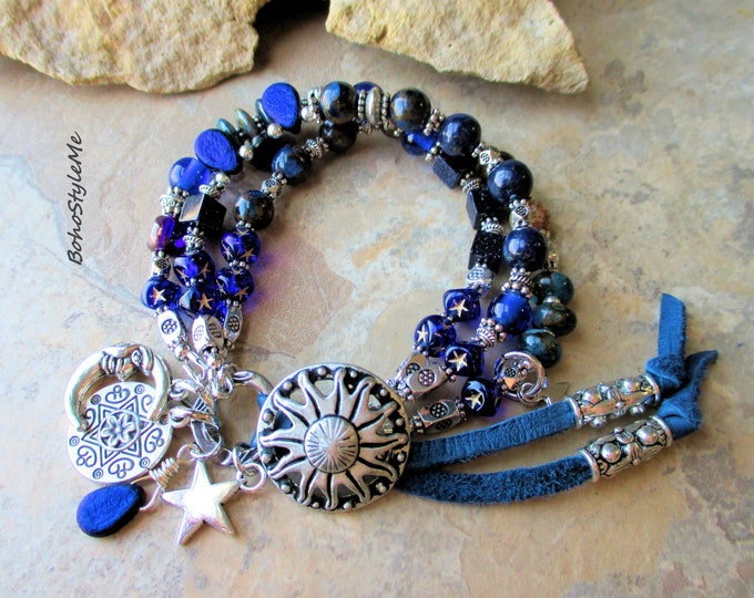 Featured listing image: Blue Moon Starry Night Beaded Button Toggle Bracelet, BohoStyleMe, Blue Gemstone Handmade Artisan Boho Eclectic Bracelet