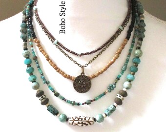 Artisan Beaded Layer Necklace, Ocean Colors, Original Design, Choker Necklace, Boho Style Me