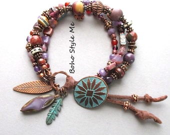 Gemstone Antique Copper Button Bracelet, Rustic Boho Beaded Jewelry