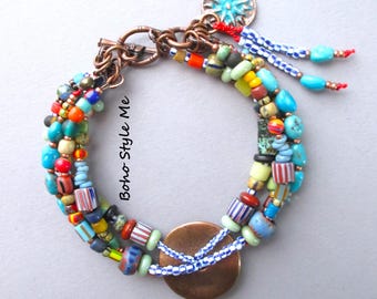 Turquoise Beaded Boho Bracelet, Vintage African Trade Beads, Handmade