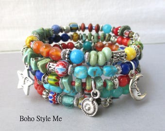 Handmade Bohemian Stack Wire Bracelet, Boho Style Me, Moon and Star