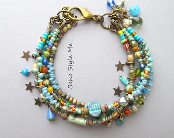 Boho Layer Bracelet: Turquoise, Mala & Java Beads, Antiqued Brass, Boho Style Me