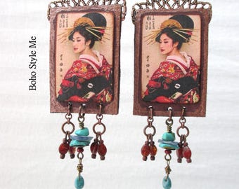 Handcrafted Geisha Vintage Portrait Earrings, Unique OOAK Art Statement Dangle Earrings, Boho Style Me