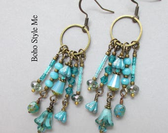 Aqua Beaded Dangle Earrings, Handmade Ocean Charm Assemblage Earrings, Flower Jewelry, Boho Style Me