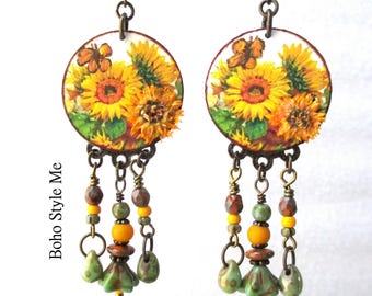 Handcrafted Sunflower Portrait Dangle Earrings, Boho Statement Jewelry, Antique Brass Findings