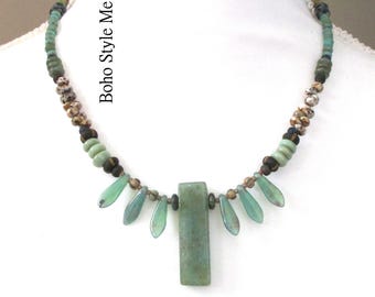 Handmade Green Aventurine Beaded Gemstone Choker Necklace, Unique Artisan Jewelry, Boho Style Me