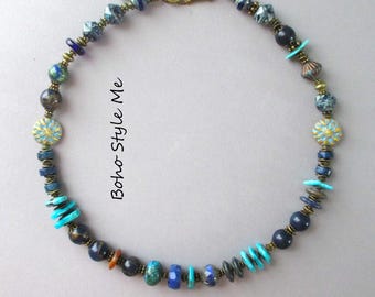 Boho Beaded Stone Necklace: Lapis Lazuli, Turquoise & Picasso Glass, Boho Style Me