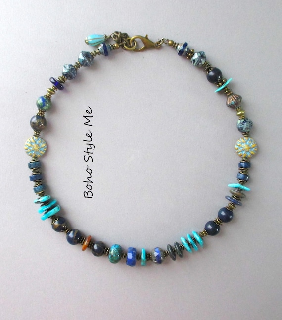 Boho Handmade Beaded Stone Artisan Necklace, Desert Nights, Unique