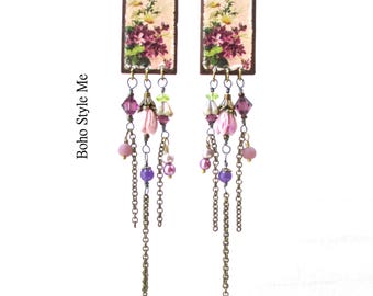 Artisan Vintage Purple Violets Print Earrings, Repurposed Tin Style Romantic Earrings, BohoStyleMe