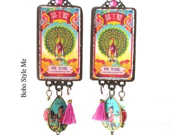 Handcrafted Whimsical Collage Earrings, Vintage Firecracker Label, Artisan Jewelry, Boho Style Me