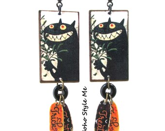Handmade Whimsical Black Cat Earrings, Funky Fun Colorful Halloween Party Art Jewelry, Halloween Gift