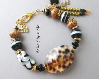 Chunky Leopard Print Beaded Bracelet: Boho Artisan Statement Jewelry, Boho Style Me