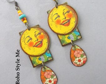 Laughing Moon Sisters, Handmade Pop Art Statement Earrings, Colorful Artisan Jewelry, Boho Style Me