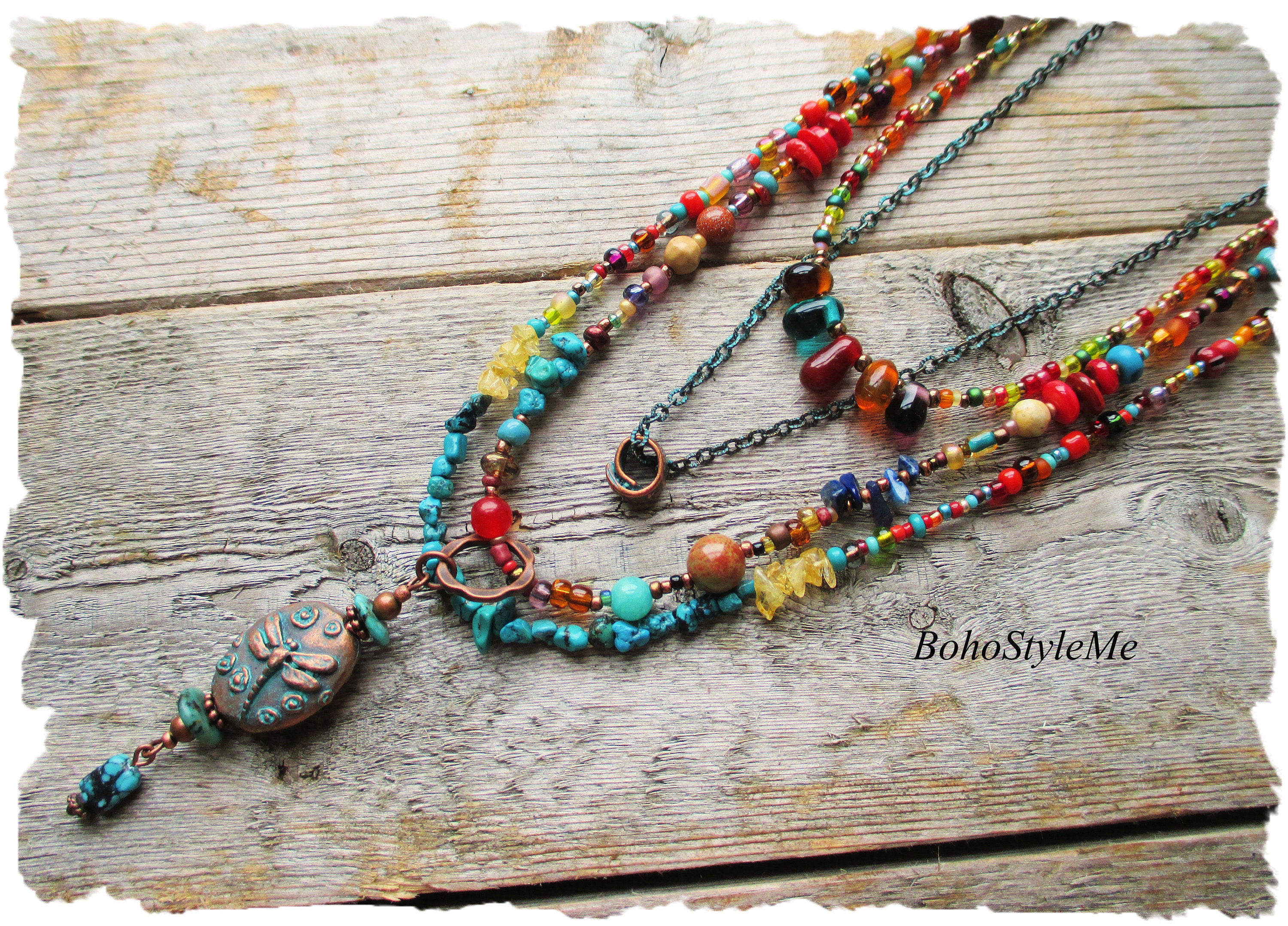Download Mixed Gemstone Bohemian Necklace Long Layered Dragonfly Necklace Colorful Beaded Boho Hippie Jewelry Bohostyleme