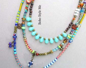 Handmade Colorful Beaded Layer Necklace | Artisan Bohemian Multi Strand Jewelry | Statement Whimsical Charm Gift