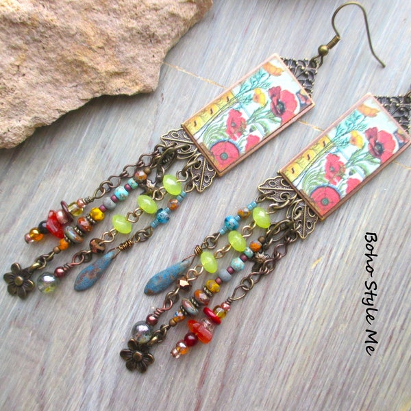 Wild Poppies, Bright Colorful Creative Assemblage Art Earrings, Boho Style Me, Long Unique Beaded Floral Earrings, BohoStyleMe