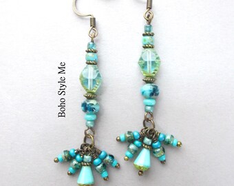 Handmade Beaded Ocean Color Earrings, Unique Bohemian Artisan Jewelry, Boho Style Me