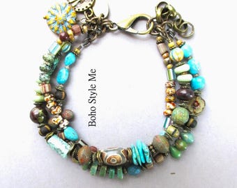 Handmade Turquoise Beaded Bracelet, Green Artisan Bracelet, Rustic Unique Earthy, Boho Style Me