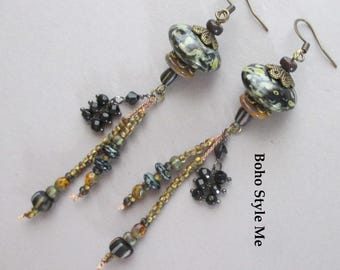 Handcrafted Boho Beaded Earrings, Original Design Black Earthy Dangle Earrings, BohoStyleMe Jewelry