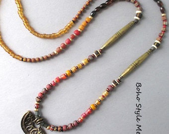 Boho Beaded Pendant Necklace: Rustic Tribal Brass & Global Trade Beads, Boho Style Me