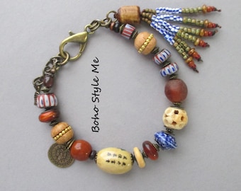 Boho Beaded Bracelet: Handmade Artisan Jewelry with Vintage Chevron Beads, Boho Style Me
