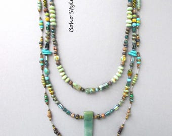 Moss Agate & Turquoise Layer Necklace: Hand Knotted Boho Artisan Jewelry, Boho Style Me