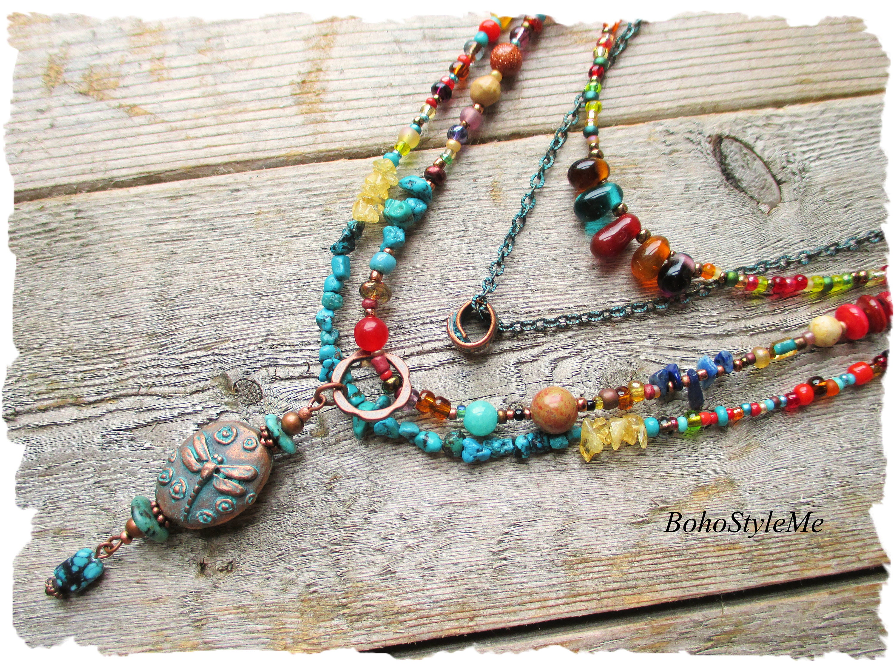 Mixed Gemstone Bohemian Necklace, Long Layered Dragonfly ...