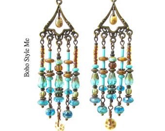 Sparkling Sea, Handmade Long Beaded Chandelier Earrings, Boho Style Me, Ocean Colors