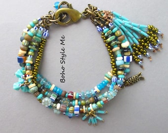 Boho Beaded Dangle Bracelet: Czech Glass, Gemstone & Tribal Beads