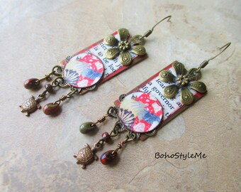 Boho Style Handmade Beaded Asian Dangle Earrings, BohoStyleMe, Modern Hippie Chic Jewelry, Floral Turtle Artisan Earrings